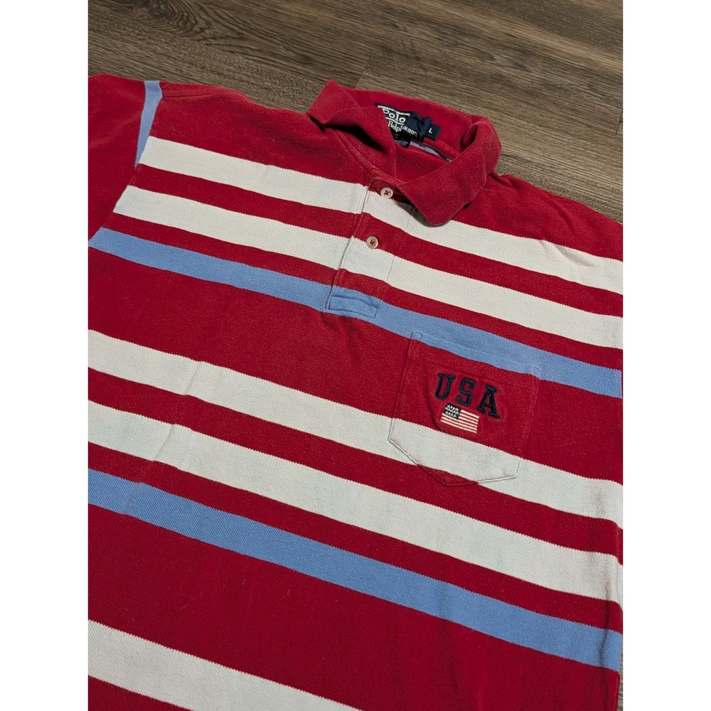 Polo Ralph Lauren Mens Large USA Flag Striped Pocket Polo Shirt Red White Blue